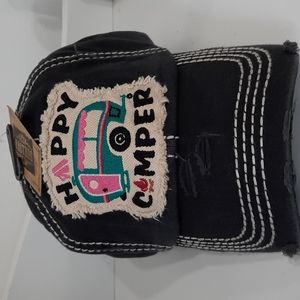 Happy Camper Baseball Cap Hat Headwear KBETHOS Vintage Look Camping Black